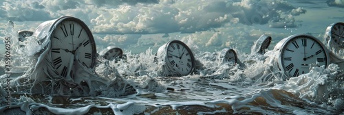 A surreal depiction of melting clocks dripping onto a barren landscape