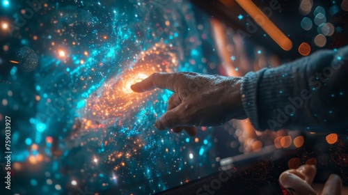 A hand reaching out to touch the dazzling edge of a stellar nebula, surrounded by cosmic particles and celestial glow.