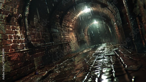 A dark, damp sewer tunnel, the brick walls glistening with rainwater and the only light from a distant lamp.
