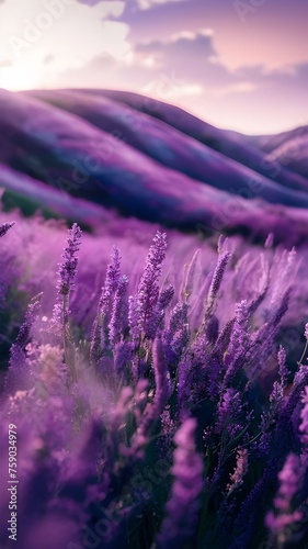 Beautiful landscape with lavender at sunset. Colorful nature with purple flower in Provence.