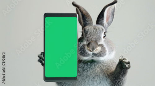 A grey rabbit shows his mobile phone with a green screen on a gray background