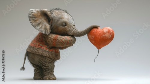 an elephant holding a heart shaped balloon in its trunk while standing on its hind legs in front of a gray background.