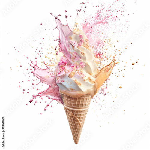 Ice cream cone explosion. 3d illustration of big splashing ice cream. Cut out, white background. Advertising for summer, ice cream, goodies, sweet, fresh. Chocolates, candies, topping drops.
