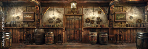 Wild West Saloon with Swinging Doors, Barrels, and Poker Tables. Western Drama Set.