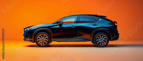 Side View of a modern dark blue SUV car Isolated on orange background. SUV automobile car concept in studio on orange background. Generative ai