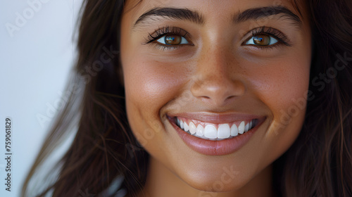 a close-u photo portrait of a beautiful young Asian Indian model woman smiling with clean teeth. used for a dental ad. Photo of optimistic Asian woman with long dark hair looking aside, Generative AI 
