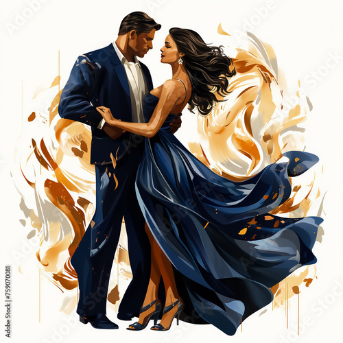 Man and woman. Passionate dance in blue tones. Illustration on white background.