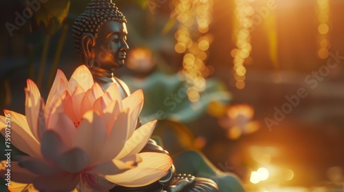 Buddha and lotus flower with soft glow with a copyspace