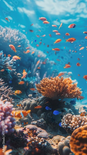 Vibrant underwater scene with colorful fish swimming around a coral reef, illuminated by natural sunlight.