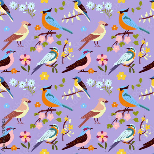 Seamless pattern with cute little birds sitting on branches with spring flowers, flat background in vintage style. For the design of gift packaging for spring holidays, elegant wallpapers