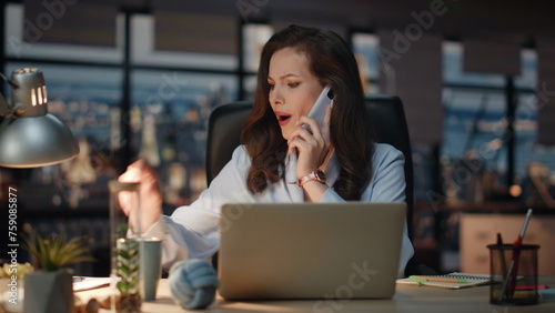 Leader person calling cellphone luxury dark cabinet. Businesswoman writing notes