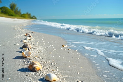 Pristine sand beach with seashells scattered beautiful sea beach