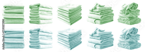  2 Set of pile stack heap of folded crumpled pastel green turquoise blue bath towel rug on transparent background cutout, PNG file. Mockup template for artwork graphic design