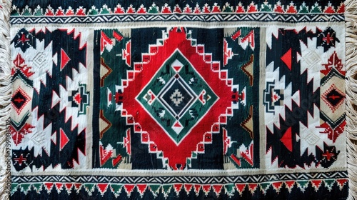 a traditional handmade Sadu rug pattern. It features geometric shapes and a striking color palette of red, black, white, and green. Such designs are commonly found in Middle Eastern textiles