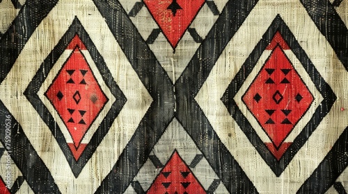 a traditional Sadu weaving pattern. It's a highly geometric pattern with repeated diamond shapes and a limited color palette of red, black, white, and gray, often seen in Arabian handwoven textiles