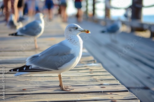 Seagulls by the boardwalk peacefully sanding and looking at sea