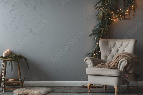 Cozy armchair with garland and table near grey wall in room.AI generated