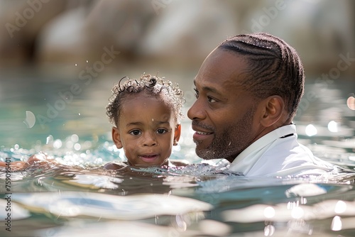 African American pastor baptize a little kid.