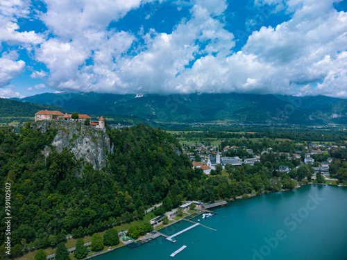 Aerial View of the Cliff with Bled Castle and St. Martin's Parish Church, Slovenia