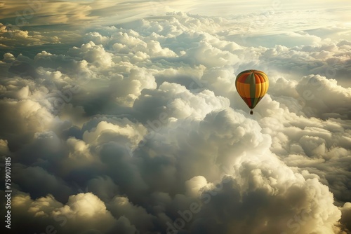 A lone hot air balloon drifts serenely through a vast expanse of fluffy white clouds. 