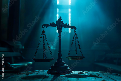 A scale of justice sits on a wooden table in a dark court hall.