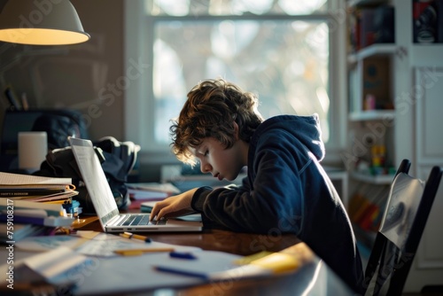 Student boy study and working on laptop and computer with stress face at home due to homeschool.