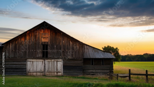 Rustic charm captured, A majestic, weathered wooden barn standing tall amidst the fields, echoing tales of bygone eras. Iconic rural architecture symbolizing tradition and heritage in the heartland