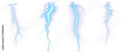 Blue Lightning bolt strike set. Isolated transparent background. Zeus, God, Jupiter, Thor, mythology concepts. Shock and energy glow. Fractal light burst flair. Fantasy glowing transparent PNG. 