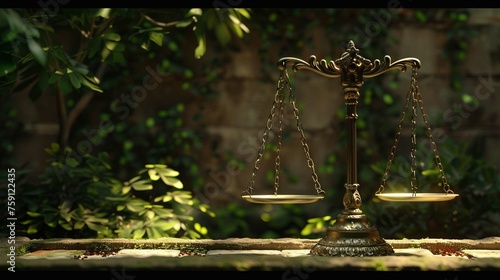 Harmony between law and environmental sustainability. The scales evoke the pursuit of ecological justice and the importance of maintaining an eco-equilibrium in legal frameworks