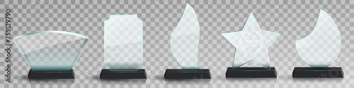 Glass award trophy set. Transparent prize template. Winner first place concept. Vector illustration. Winner glass trophy. First place award, crystal prize and signed acrylic trophies. Glass awarding t