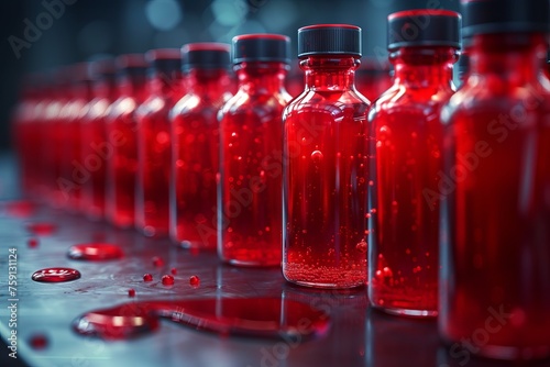 A bottle with red colored liquid and a heart inside on a wooden surface surrounded by drops reflects health care, blood donation and love potion concept.