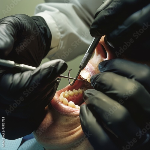 View into a mouth in which a dentist wearing black rubber gloves is carrying out a prophylactic treatment on a patient 