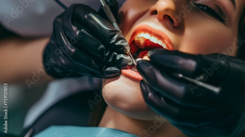View into a mouth in which a dentist wearing black rubber gloves is carrying out a prophylactic treatment on a patient 