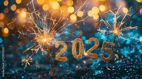 Text "2025" in the blue sky, cloud, fireworks, time-lapse photography, gold particles.