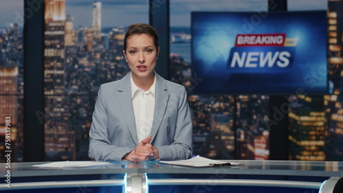 Newscaster ending late night news on tv. Female anchor leaving evening studio