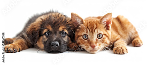 Friendship between a tabby red cat and a dog, white background