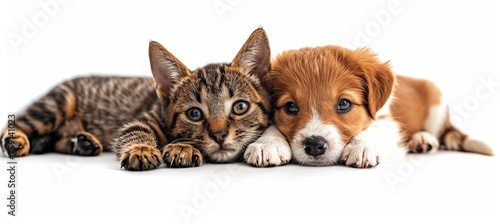 Friendship between a cat and a dog, white background