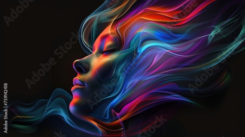 Abstract beauty digital artwork of woman with colorful waves. Surreal portrait of female with vibrant flowing hair for modern design. Creative representation of woman face in neon lights and colors.