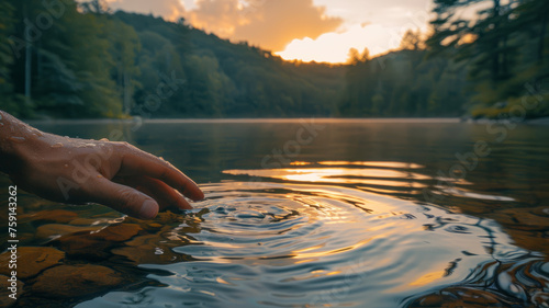 Image of a hand touching lake water at sunset