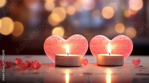 Romantic Glow: The delicate flickering of candles against a backdrop of blurred lights creates the ambiance of a love-filled Valentine's Day celebration.