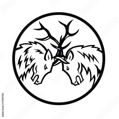 Mascot illustration of two bull elk, Cervus canadensis, or wapiti in fighting in rut butting heads viewed from side set inside circle on isolated background in black and white retro style. 