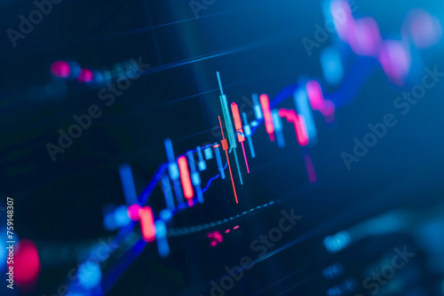 Closeup financial chart with uptrend line candlestick graph in stock market on blue color monitor background