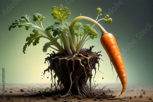 Long carrots in the remains of the soil, with green tops.
