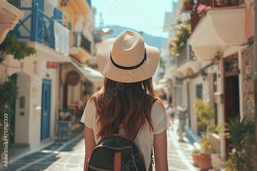  Traveler woman enjoys the classic setting of white houses and colorful flowers on the Cyclades islands of Greece during summer time