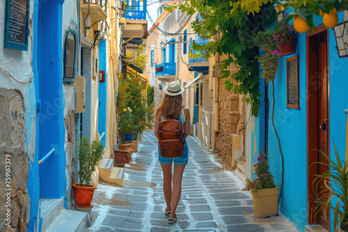 Traveler woman enjoys the classic setting of white houses and colorful flowers on the Cyclades islands of Greece during summer time