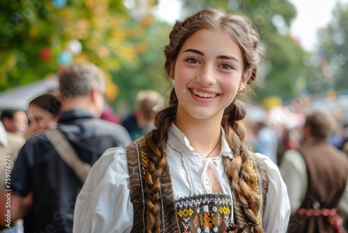 A young woman wearing a traditional dress and a necklace is smiling. She is surrounded by a crowd of people. Oktoberfest Concept