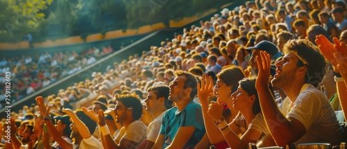 A crowd of people are watching a sporting event. The atmosphere is lively and energetic, with fans cheering and clapping. Tennis Roland Garros Concept