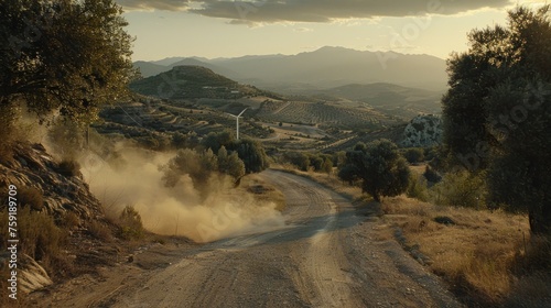 a dirt road with dust coming off the side of it and trees on the side of the road and hills in the distance.