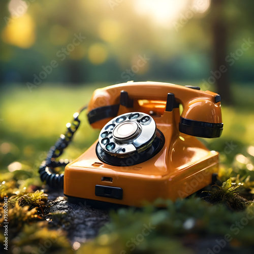 Macro shot, close up - tiny retro rotary telephone in nature in fresh morning atmosphere. Blur in the back.