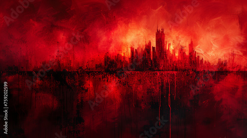 Abstrakte Skyline vor rotem Hintergrund, Aquarell
